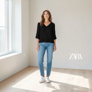 ZARA WOMAN, Black Polyester Flow Blouse XL 3/4 Sleeve V-Neck Minimal Chic